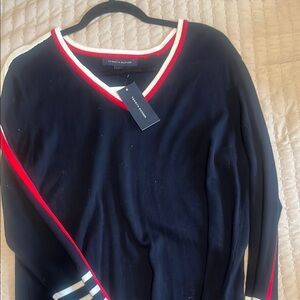 Tommy Hilfiger Black V-Neck Sweater with Red and White Trim